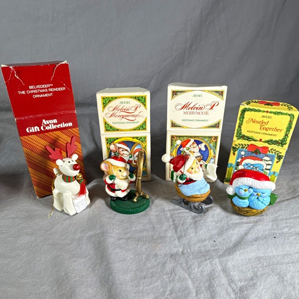 Vintage Avon Christmas Ornament Lot of 4 w/ Boxes 1982-1987 Melvin P Merrymouse
